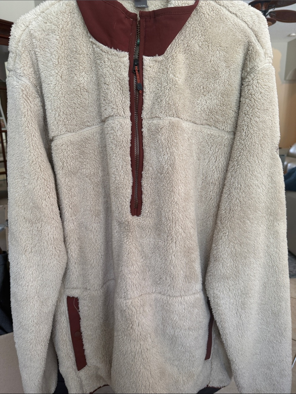 Eddie Bauer Cream Fleece Pullover with Brown Trim